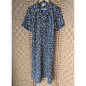 Vtg 90's Navy Blue White Floral Short Sleeve Midi Shirt Dress Sz 14 Lightweight
